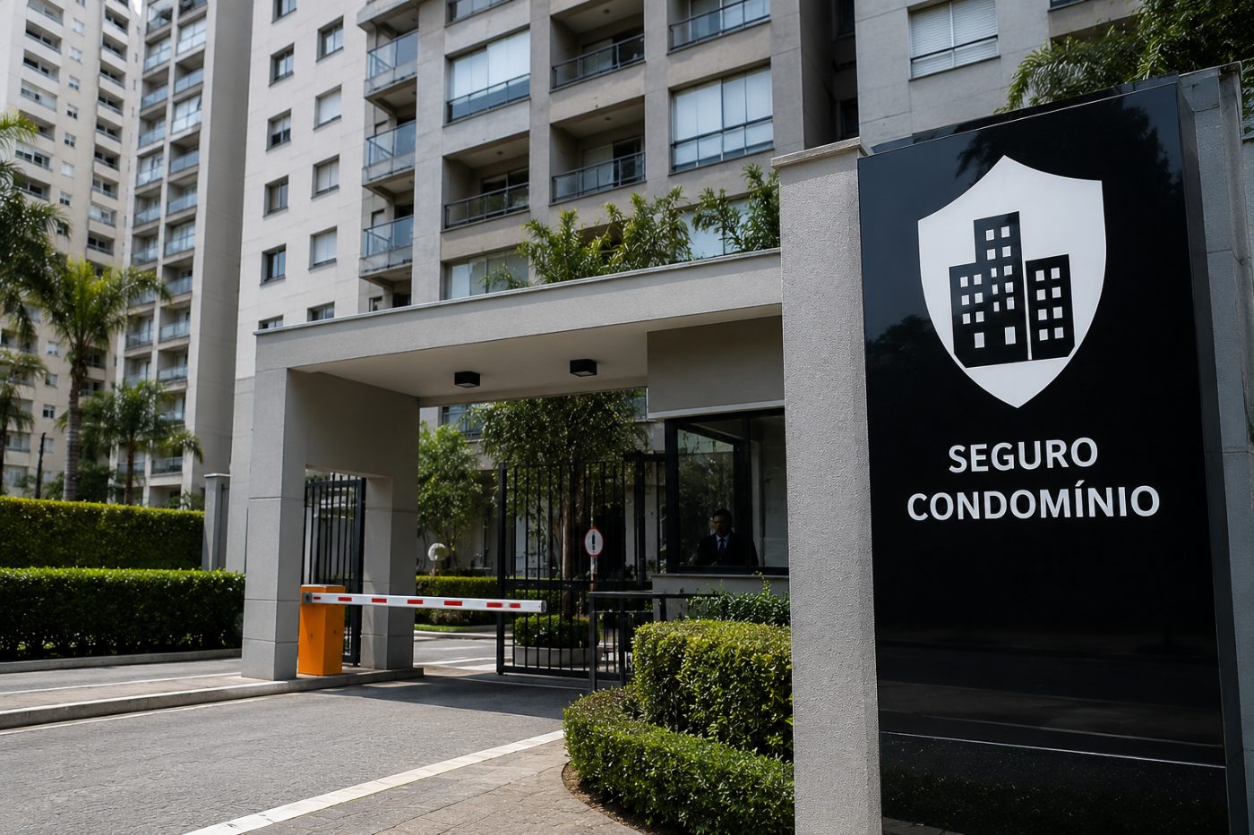 Entrada de condomínio residencial com placa Seguro Condomínio e portaria