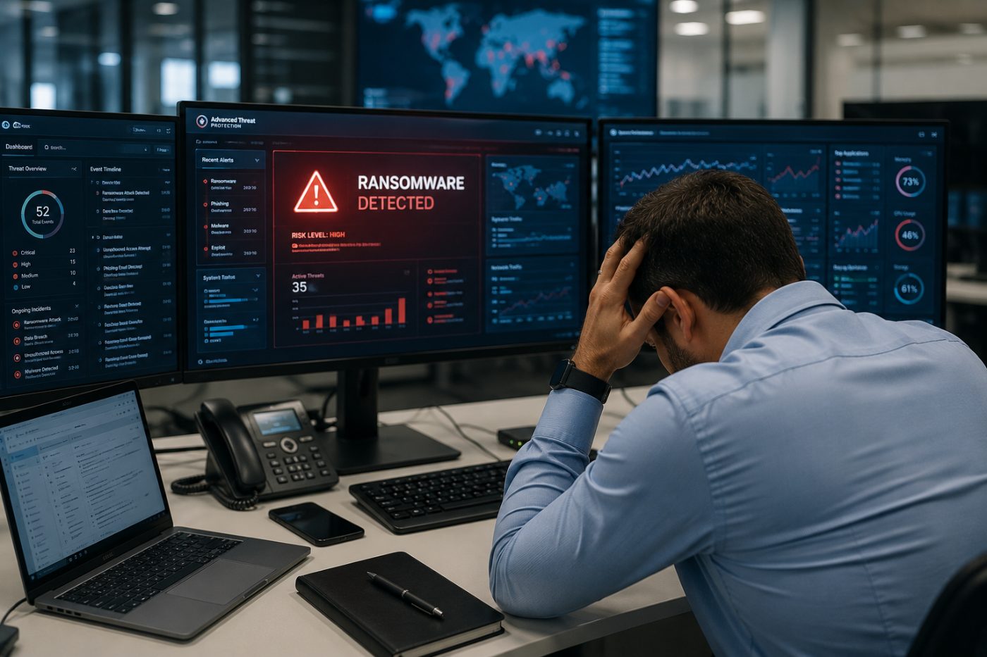 Profissional diante de telas com alerta de ransomware detectado em um ataque cibernético