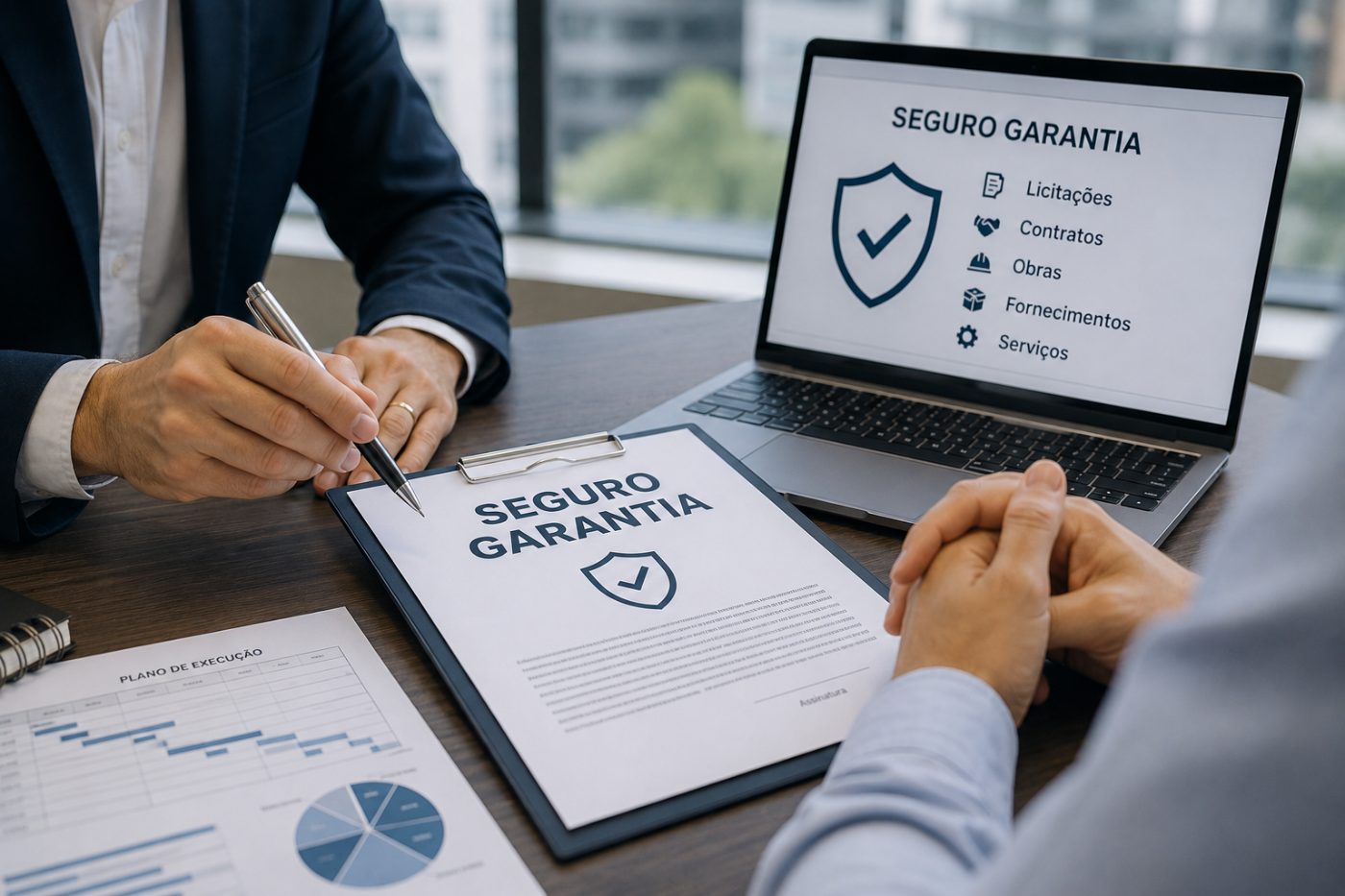 Executivos assinando contrato de seguro garantia para licitações e obras