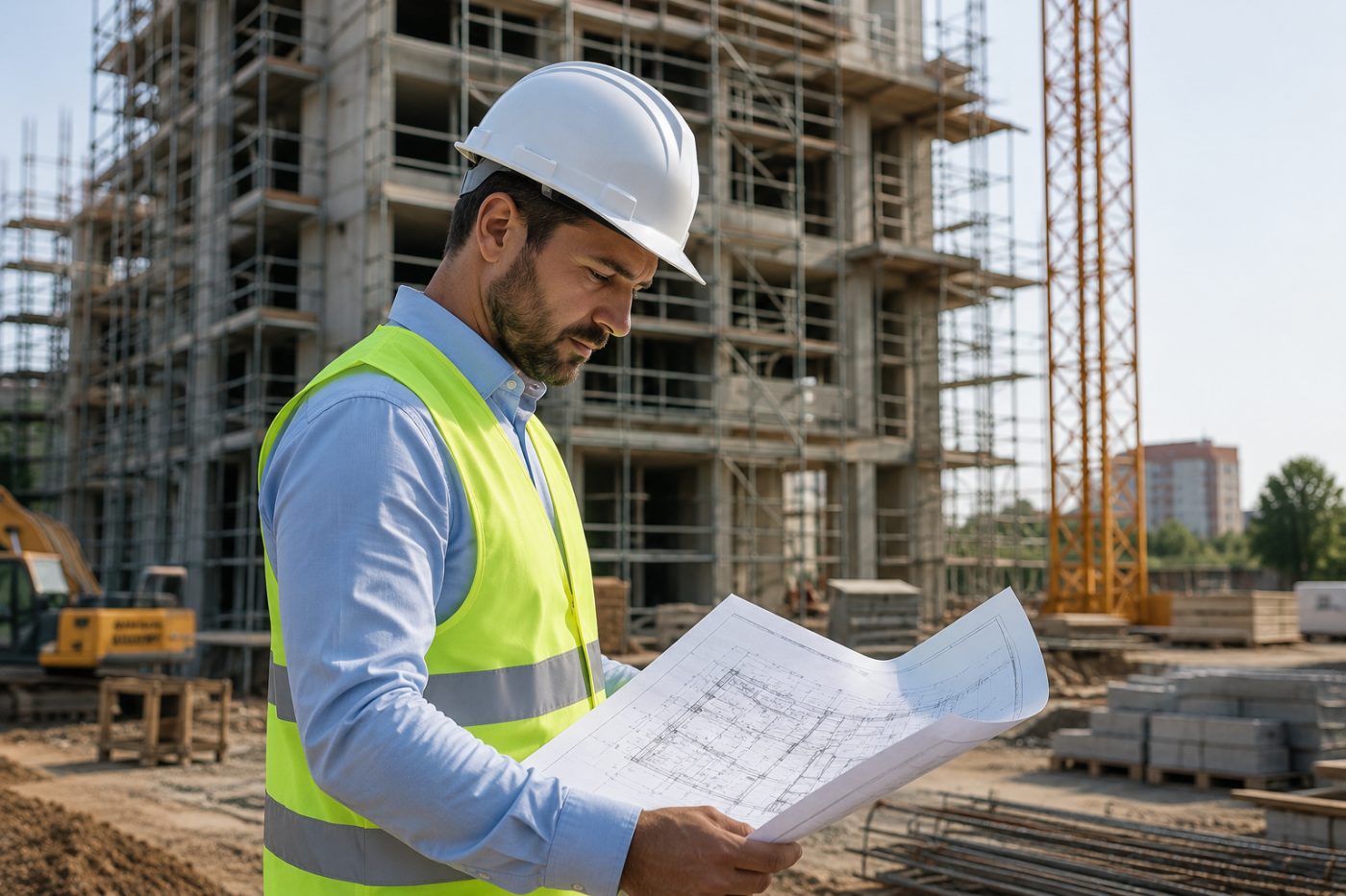 Engenheiro com capacete e colete analisando planta em canteiro de obras com guindaste ao fundo